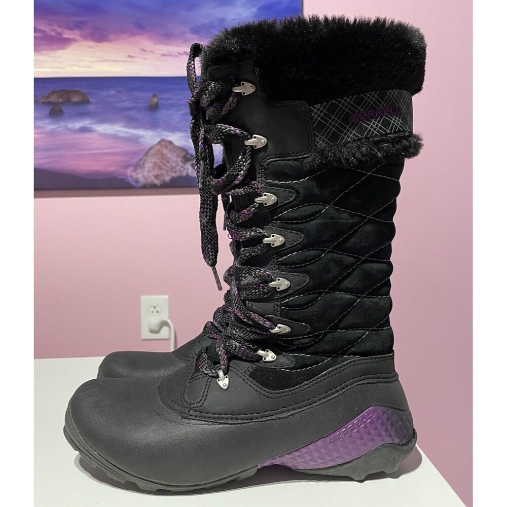 Merrell Boots Winterbelle Peak Women 7.5 Waterproof Black Purple Suede Tall Zip